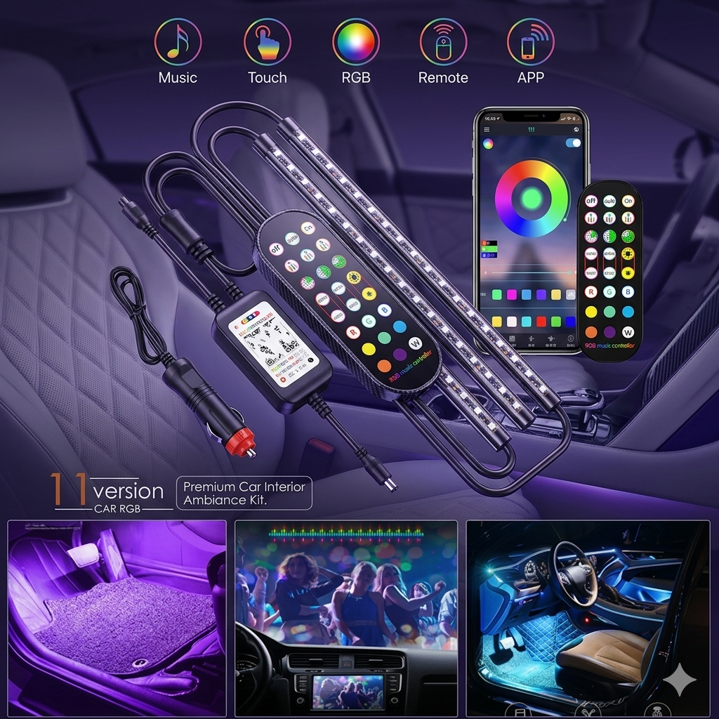 Car RGB Interior LED Light Kit – APP Control,  Remote & 360° Ambient Lighting (11 Modes)