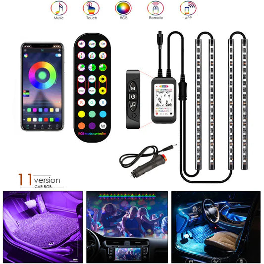 Car RGB Interior LED Light Kit – APP Control,  Remote & 360° Ambient Lighting (11 Modes)
